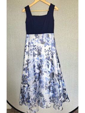 💙 Eliza J Petite Blue Floral Fit Flare Midi Dress Organza Size 8P Overlay Weddi